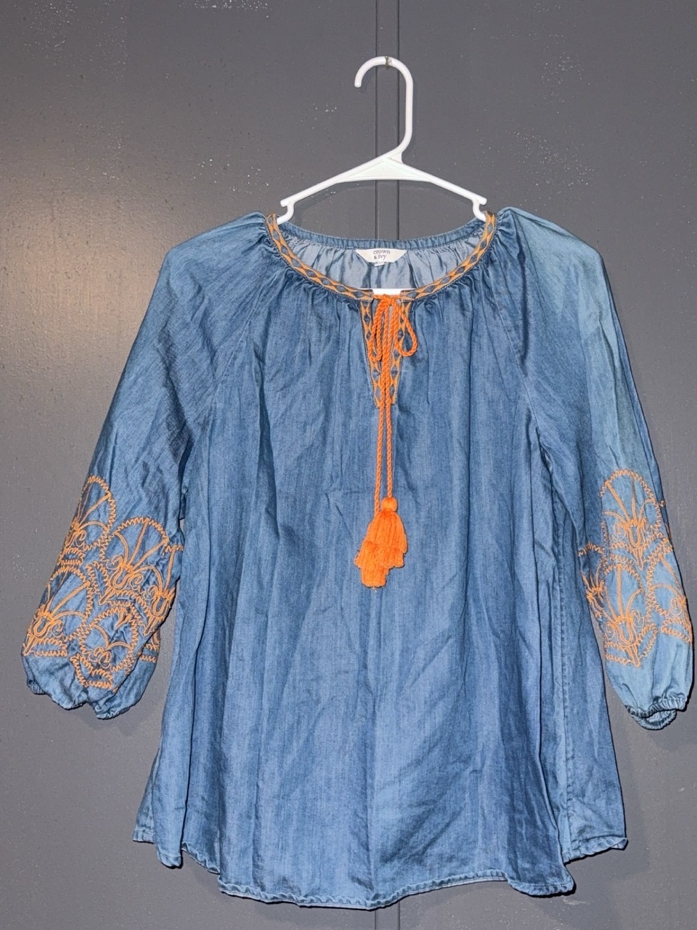 crown & ivy Light Blue Denim Peasant shirt with Orange Embroidery